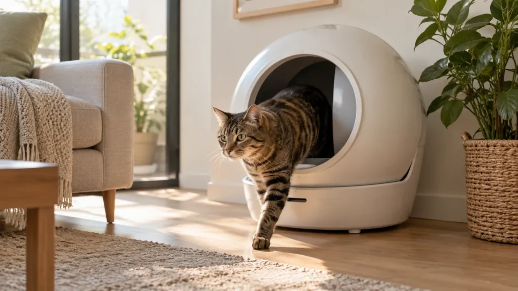 Gato saliendo de un arenero autolimpiable en un salón luminoso