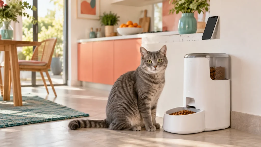 Gato junto a un comedero automático con croquetas