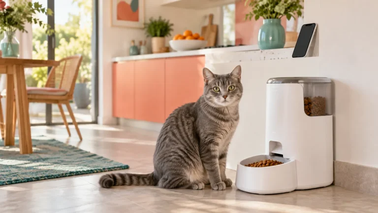 Gato junto a un comedero automático con croquetas