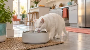 Gato blanco bebiendo de una fuente para gatos